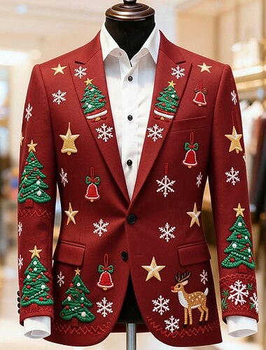  Natal Homens Árvore de Natal Jaqueta Blazer Casaco Confortável Respirável Artistíco Casual Traje de festa para noite Diário Festival Impressão 3D Botões Outono & inverno Entalhe Manga Longa Azul