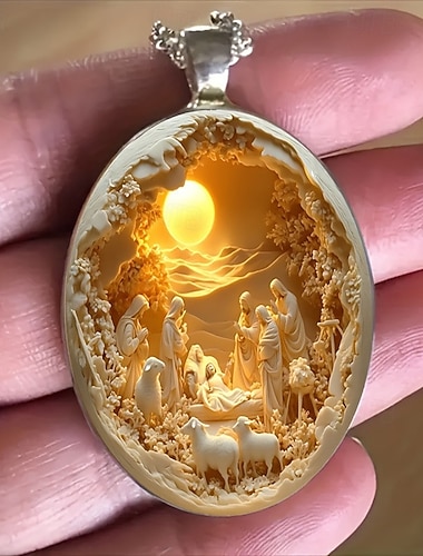  Collier de la Nativité, pendentif ovale en verre vintage représentant la résurrection de Jésus, bijou simple et élégant à porter au quotidien, idéal pour Noël. &cadeau de Pâques