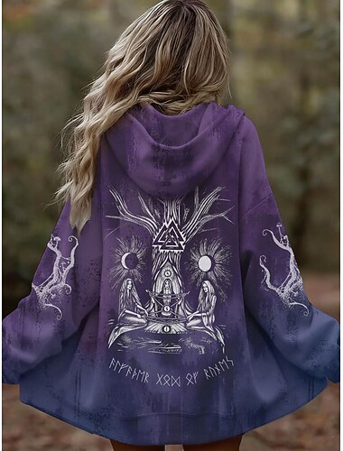  Női Cipzáras kapucnis pulóver Grafika Törzsi Divat Alkalmi Hosszú ujj Kapucni Normál felsők Utca Hétköznapi Cipzár Zseb Nyomtatott Medence Bíbor Szürke Tavasz Ősz