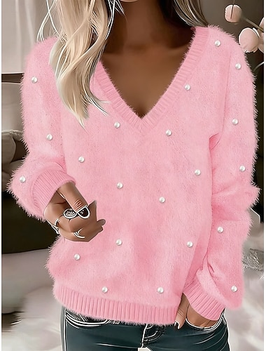  Жен. Вязаная ткань Пуловер Элегантный стиль Отпуск Мода Нечеткий V-образный вырез Бусины Длинный рукав Обычные топы Вязать Дом Для вечеринок Повседневные Розовый Осень Зима