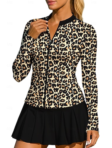  Dame Dyr Leopard Topper قميص Sportsskjorte POLO T-skjorte Langermet Glidelås Klassisk Sport UPF50+ UV-bestandig Træner UV Beskyttelse Høy Elastisitet Pilates Volleyball Tennis Crew-hals Brettelig