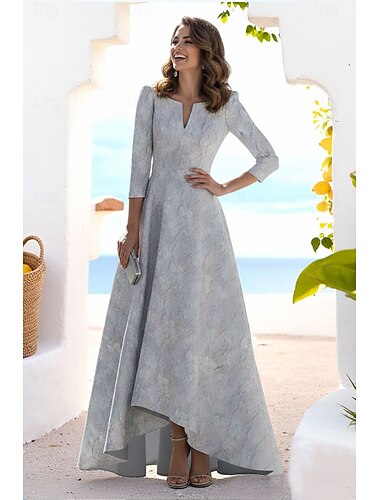  A-linje Asymmetrisk Ankellengde Festkjole Cocktail Kjole Gjestekjole til bryllup Kjole til brudens mor 3/4 ermer V-hals Elegant Årgang Formell Jacquard med Blomst