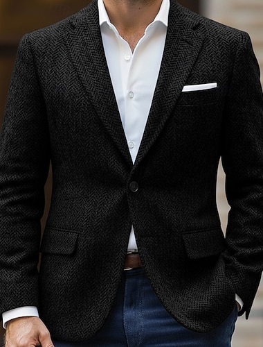  בגדי ריקוד גברים טוויד בלייזר צווארון חריץ אופנתי קלסי עבה חם הרינגבון בלייזר טוויד שחור אפור גזרה צרה Single Breasted One-button