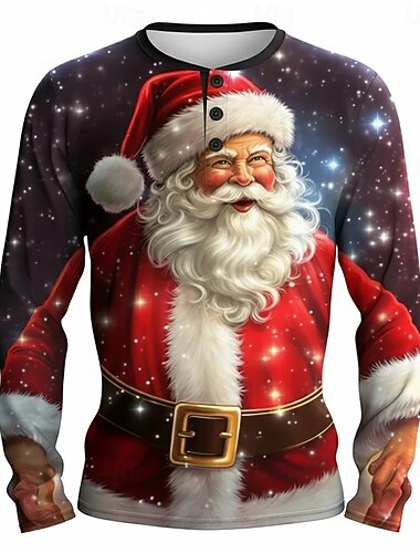  Муж. Новогодняя тематика Дед Мороз Рубашка Хенли Длинный рукав Мода Симпатичные Стиль Повседневные Повседневные Праздники На выход Зима Весна & осень Бордовый Хенли Футболка Хенли