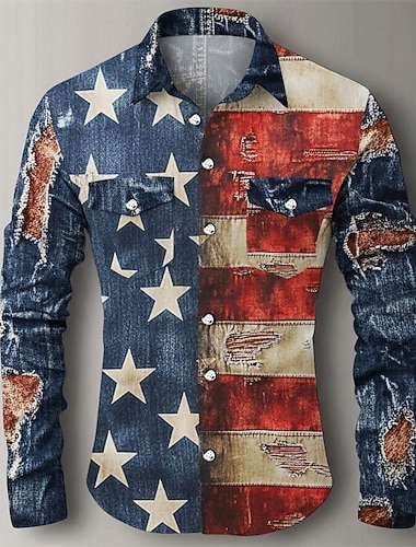  Herren 250. Jahrestag des Unabhängigkeitstages der USA am 4. Juli Nationalflagge Hemd Durchgeknöpft Hemd Freizeithemd Langarm Lässig Bequem Urlaub Straße Ferien Frühling Herbst Revers Tasche Druck
