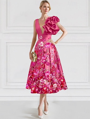  A-linje Ankellengde Cocktailkjoler Festkjoler Elegant Blomster Ermeløs V-hals Formell Bryllup Sateng med Broderi Lomme 2025