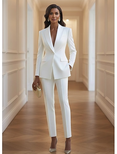  Жен. Костюмы-2 Брючные костюмы Официальные Свадебный гость Стретч-креп Элегантный стиль Винтаж Простой Длинный рукав В пол До щиколотки Лацкан с тупым углом Однобортный крой