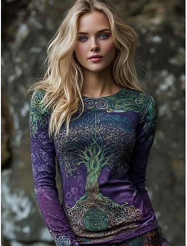  Women's T Shirt Graphic Viking Vintage Bohemia Vintage Fashion Long Sleeve Crew Neck Regular Tops Daily Weekend Print Purple Spring Fall Winter