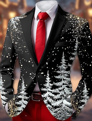  Noël Homme Arbre Veste blazer Manteau Confortable Respirant Artistique Occasionnel Tenue de soirée Quotidien Festival Impression 3D Boutons Automne & Hiver Cranté manche longue Noir Blanche