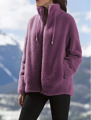  Dame Vinterfrakk Teddyfrakk Hold Varm Bekvem Snorer Glidelås Elegant Plysj Fritid Helfarge Hjem Avslappet Kort Høy krage Normal Langermet Yttertøy Rød Lilla Grønn Vår Høst