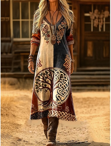  Damen Maxi-Kleid Boho Etuikleid Party Lässig Täglich Date Ausgehen Reguläre Passform Graphic Geometrisch Paisley Langarm V-Ausschnitt Blau Schwarz Hellbraun Lila Frühling Herbst Winter