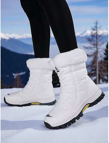  ファートリム付きレディースホワイトウィンタースノーブーツ - ハイキング、スキー旅行、寒い天候でのスポーツに最適な防水レースアッププラットフォームアンクルブーツ