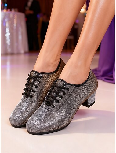  Chaussures de danse latine pour femmes, dorées et argentées - chaussures professionnelles à lacets pour la danse de salon, le tango et le jazz, avec une finition métallisée dégradée et des talons bas,