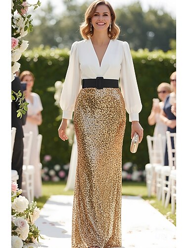  Schlauchkleid Bodenlang Paillettenkleid Brautmutterkleid Langarm V Ausschnitt Elegant Satin Paillettenbesetzt mit Schärpe / Band