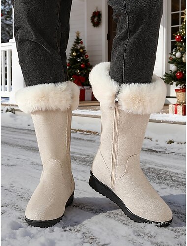  מגפי חורף שחורים לנשים עם רוכסן - מגפי שלג חמים עם בטנת פרווה מלאכותית עד אמצע השוק להליכה בחוץ ואופנה במזג אוויר קר