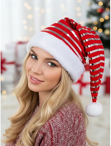  女性用クリスマスストライプベルベットハット - ポリエステル素材、お祝いの赤と緑のストライプと白いポンポン、ホリデーパーティーや季節のお祝いに最適