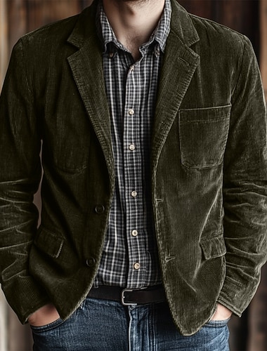  Férfi Kordbársony zakó Bevágás gallér Divat Alkalmi Egyszínű Blazer Fekete Barna Katonai zöld Szabott Egysoros kétgombos