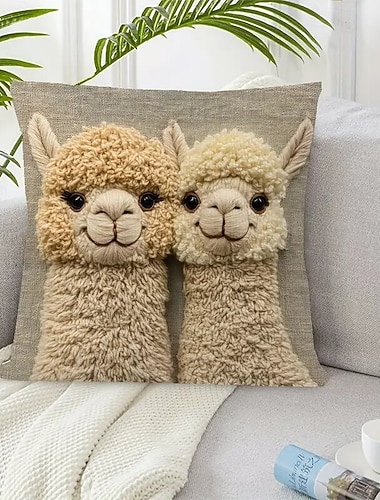  アルパカ2匹の片面プリント枕カバー、2Dフラットプリント、45x45cm、家庭用リビングルーム寝室ソファのアクセントクッションカバー