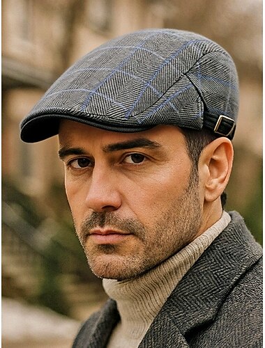  Men's Vintage Polyester Flat Cap, Plaid Design, Available in Multiple Colors, Casual and Stylish Hat for Fall and Winter