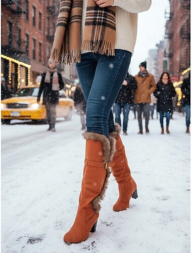  Cizme de damă până la genunchi din piele întoarsă verde cu blană artificială – detaliu cu cataramă, toc gros, confortabile și elegante pentru iarnă, ocazii casual și în aer liber