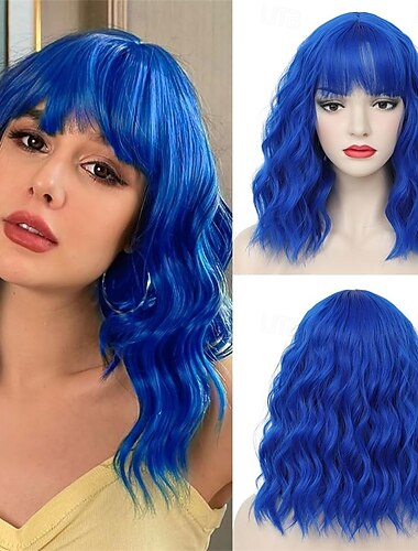  Dunkelblaue Perücken für Damen, Cosplay-Perücke, kurze, gewellte Bob-Perücken für Karneval, Festivals und Partys, synthetische Perücken für Damen und Mädchen, blaue Perücke mit Pony, schulterlang,