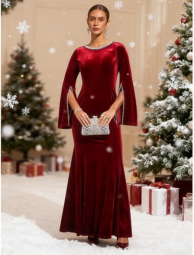  Jul Dame Maxikjole Havfruekjole Kjole med A-linje Elegant Aftenselskap Perler Helfarge Langermet Crew-hals Vin