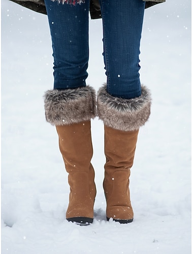  Damskie kozaki na koturnie z podszewką ze sztucznego futra - stylowe zamszowe kozaki do kolan na zimę i na co dzień