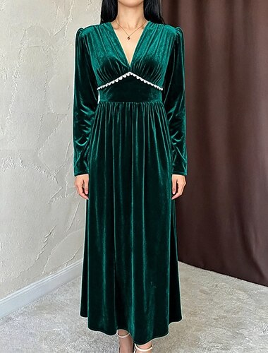  dame fløyelsgrønn høst vinter maxikjole plissert kjole bursdag formell normal passform v-hals
