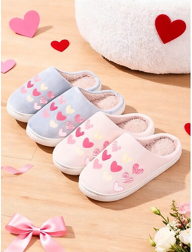  Grijze pluche pantoffels voor dames met kleurrijke hartjes – zachte, met fleece gevoerde, gesloten huisschoenen voor Valentijnsdag, warmte binnenshuis en cadeaus voor gasten