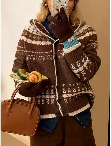  Dame Jacquard genser Genser Fair Isle genser Årgang Daglig Etnisk stil Med hette Med hette Langermet Vanlige topper Strikke Daglig Kaffe brun Beige Høst Vinter