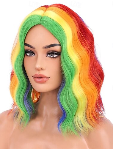  Perruque de carnaval 2026 Rouge Vert Orange Bouclé Bob Court Perruque synthétique de festival Mardi Gras Parade Coiffure de costume de cosplay pour Femmes