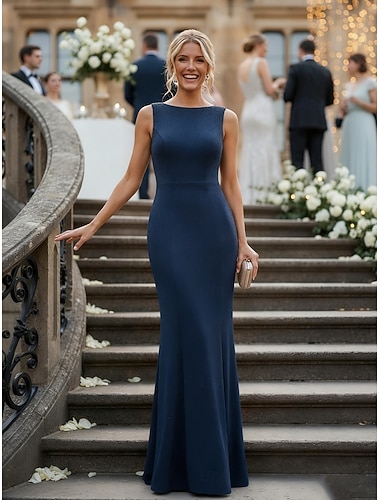  Havfrue Trompet Gulvlengde Bryllupsgjestkjole Formelle kjoler Kveldsdrakt Mor til bruden Kjole Uten ermer Bateau-hals Elegant Formell Bryllupsgjest med Ensfarget