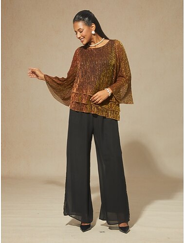  Dames Blouse Chiffon-topjes Kanten topjes Met ruches Schitteren Effen Kleur Elegant 3/4 mouw Strakke ronde hals Bruiloft gast Feestdagen Portofino Sinaasappel Zomer Lente Herfst