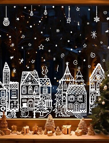  Naklejki ścienne z motywem domu ze śniegu w stylu bożonarodzeniowym, samoprzylepne, na okna i drzwi szklane, świąteczne dekoracje do salonu, zimowe dekoracje świąteczne