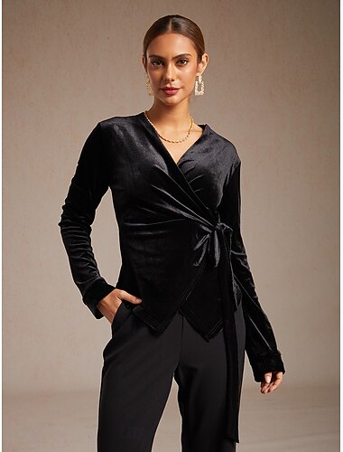  Damskie Aksamit Owijki Eleganckie topy Jednokolorowe Równina Elegancja Elegancki Podstawowy Długi rękaw W serek Zwykłe topy zawiązać z przodu Czarny Zima