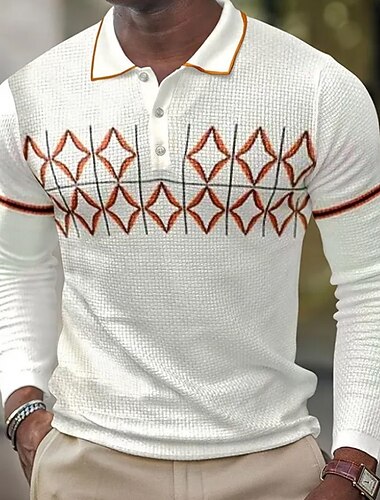  Miesten Väripalikka Geometrinen Vohveli poolopaidat Pitkähihainen Poolopaidat Kauluspaidat Business Casual liiketoiminta Käytä töihin Arki-asut Napit Kevät Syksy Talvi Valkoinen Vaalean ruskea Ruskea