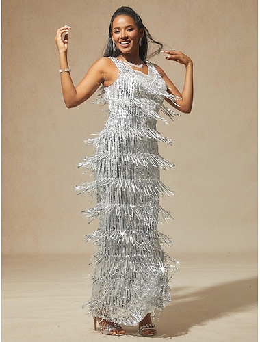  karácsonyi női maxi ruha flitteres ruha pántos ruha bojtos rojtos elegáns parti egyszínű ujjatlan v nyakú ezüst tavasz ősz tél