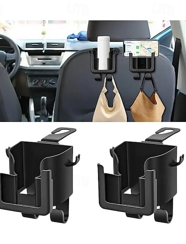  2-częściowy wielofunkcyjny uchwyt na kubki samochodowe, półka na oparcie fotela samochodowego, uchwyt na telefon samochodowy z haczykami na zagłówku, wiszące akcesoria do przechowywania, uniwersalny