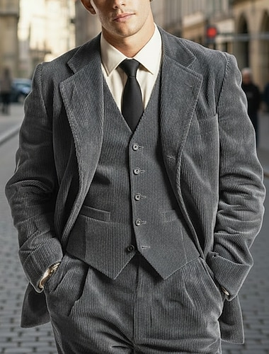  Masculino Terno de veludo cotelê Casual O negócio Preto Vinho Outono & inverno Terno Lapela Chanfrada Diário Negócio Listrado Moderno Conjunto de 3 peças Comum 2 Botões