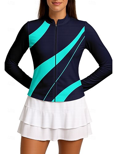  女性用 幾何学模様 スポーツシャツ テニスシャツ テニストップ 長袖 ジッパー 花柄 UPF50+ UV耐性 高弾性 吸汗性 高通気性 バレーボール テニス ゴルフ ハイネック スタンド シャツ トレーナー ブルー テニスウェア