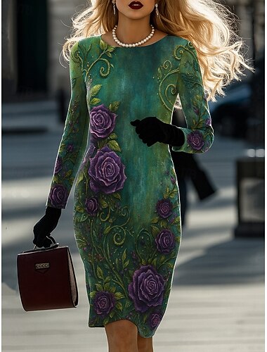  Dames Mini-jurk Corset Jurk Casual Feest Dagelijks Normale pasvorm Bloemig Abstract Lange mouw Strakke ronde hals blauw Oranje Groen Herfst Winter