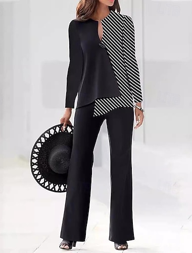  Damen Hosen-Sets Bolero-Oberteil Langarm V Ausschnitt Gestreift Mode Streetwear Lässig Täglich Outdoor Schwarz Frühling Lässiger Schnitt