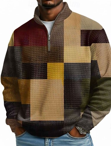  Herren Geometrisch Karomuster Waffel Pullover Mode Täglich Klassisch Lässig Stehkragen Viertelreißverschluss Outdoor Heim Büro Arbeit Blau Braun Grün Grau Reißverschluss Herbst Winter Designer S M L