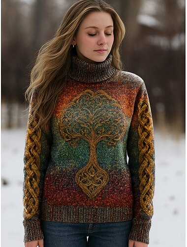  Per donna Felpa Vacanza Vintage Quotidiano Geometrico Paisley A Coste Dolcevita Lavorato a maglia Stampato Manica Lunga Top Regolari Maglia All'aperto Quotidiano Weekend Rosso Blu Autunno Inverno