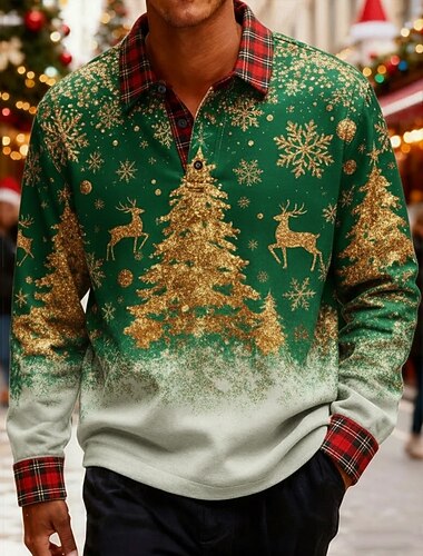  Jul Herre Hver Juletre Polo Langermet Poloskjorter Knaphul Fritid utendørs Ferie Dagligdagstøy Festivalantrekk 3D-utskrift Knapper Vår Høst Vinter Rød Lilla Grønn