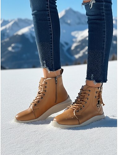  Women's Light Brown High-Top Sneaker Boots with Leopard Print – Lace-Up Side-Zip Casual Ankle Booties for Walking, Travel & Street Style