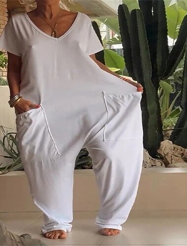  Per donna Normale Tuta Elegante Tinta unica Manica Corta Dritto Scollo a V Patchwork Tasca Vacanza Casa Vestibilità regolare Blu Bianco Giallo Estate