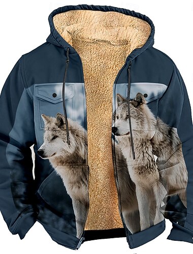  Pánské Vlk Fleece Kapuce Kurtka Mikina Módní Chladný Denní Vintage Retro Kapuce Lovecká Modrá 1 modrá 2# Zip Kapsy Podzim Zima Návrhář S M L XL XXL XXXL