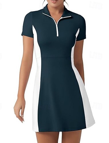  Damskie Kolorowy blok Sukienka do tenisa Sukienka sportowa Szybkie wysychanie Elastyczny Oddychający Bransoletka tenisowa Obuwie sportowe Bieganie Kołnierz zapinany na zamek Sukienka Czarny Biały