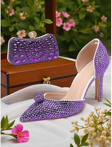  Sæt med grønne damehæle og clutch med rhinsten - pumps med glitrende krystaldetaljer og spids tå med matchende aftentaske til fest, bryllup og formelle begivenheder